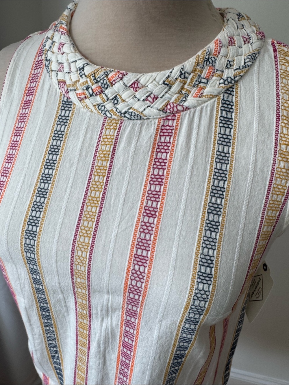 St. John's Bay White Sleeveless Tank with Braided Collar and Multicolor Stripes